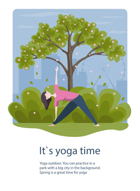 春天，年轻女子穿着运动服在城市公园户外练习瑜伽。露天瑜伽练习。平面卡通风格的概念横幅或海报图片下载
