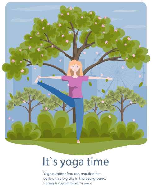 春天，年轻女子在城市公园户外练习瑜伽。露天瑜伽练习。平面卡通风格概念横幅海报图片下载