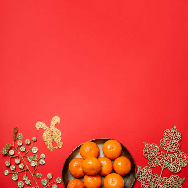 中国或农历新年的平铺上一盘桔子，纸兔子作为2023年的象征和红色的花朵图片下载