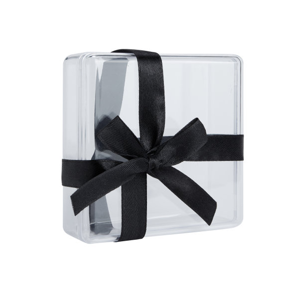透明礼盒与黑丝带隔离在白色背景图片下载