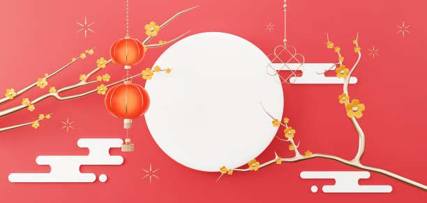 2023年兔年中国新年快乐。传统的展示产品的讲台。农历新年红色背景装饰与中国的纹理，黄金，硬币，和生肖。3 d渲染。图片下载