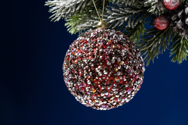 白雪覆盖的圣诞树树枝上可爱闪亮的红球，新年的贺卡，文字的地方，复制的空间图片下载