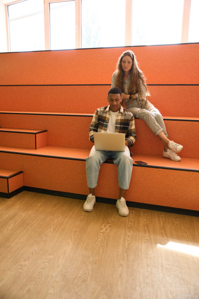 年轻的男人和女人看着笔记本电脑屏幕图片下载