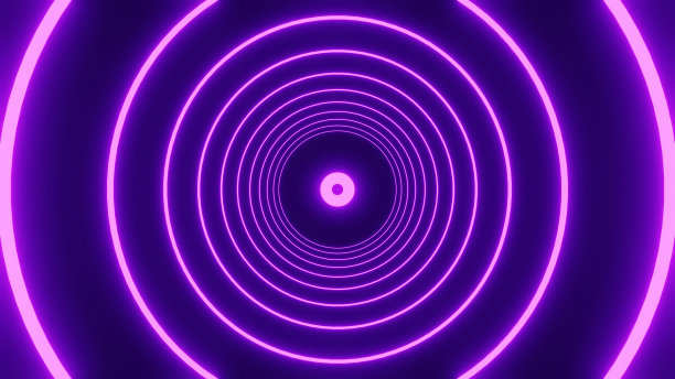 摘要圆形线条图案在黑色背景上旋转紫色光隧道图片下载