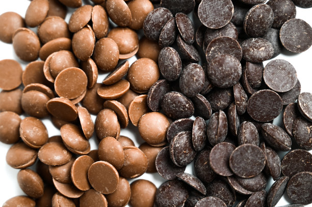 两种巧克力的特写，牛奶巧克力和黑巧克力。巧克力贝壳为背景。俯视图图片下载