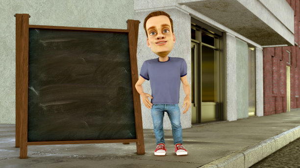 人行道上的黑板招牌男人咖啡馆老板商业复制空间3D插图图片下载