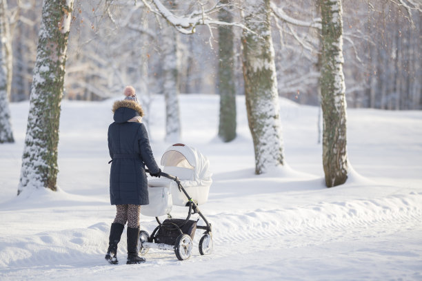 在寒冷的冬天，年轻的成年母亲推着白色的婴儿车走在公园积雪覆盖的人行道上。陪伴新生儿，呼吸新鲜空气。享受宁静的散步。后视图。图片下载