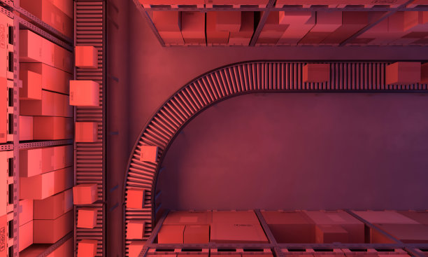 运输仓库中的传送带鸟瞰图，夜间有红灯图片下载