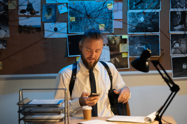 一位职业侦探晚上在办公室调查一起谋杀案。他坐在桌子旁，手里拿着智能手机，在网上阅读新闻。图片下载