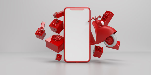 飞行的礼物，摩托车和空白的智能手机屏幕图片下载