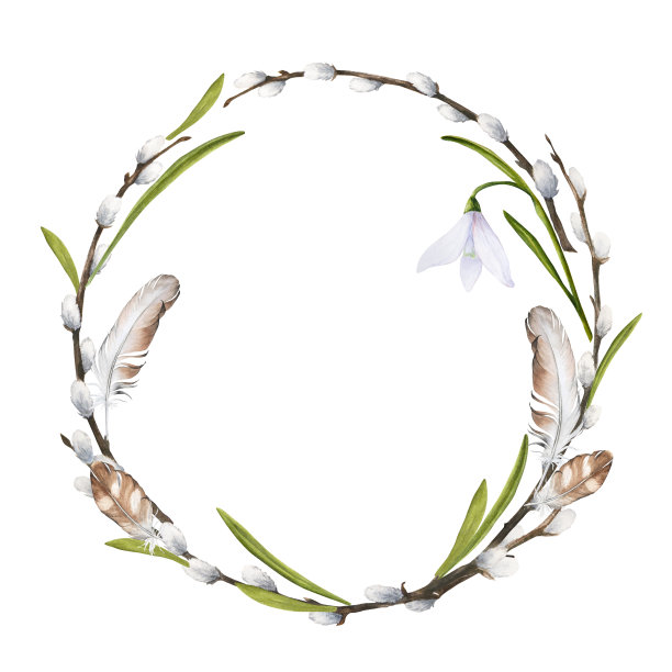 复活节水彩画的花环与猫柳，雪花莲，树叶和羽毛隔离图片下载