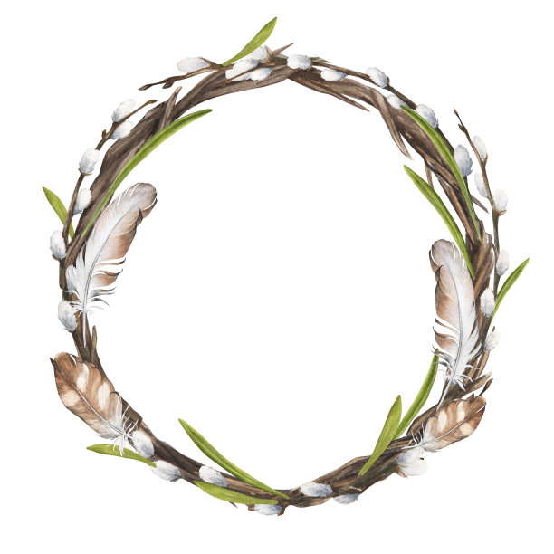 复活节水彩画的花环与猫柳，树叶和羽毛隔离图片下载