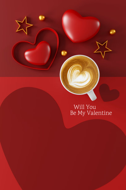 热咖啡杯与咖啡师艺术心形泡沫红心纸背景的顶部视图。情人节贺卡。前视图。平的。三维演示图片下载