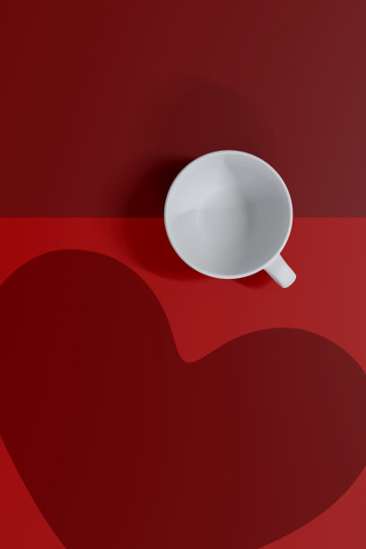 红心纸背景上的白色咖啡杯的俯视图。情人节贺卡。前视图。平的。三维演示图片下载
