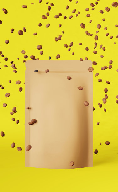 棕色的纸袋纸袋落咖啡豆讲台3D渲染黄色背景。商品折扣包装店设计促销销售。图片下载