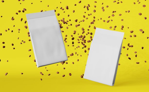 白色哑光袋咖啡豆掉落黄色3D渲染。商品折扣包装店设计促销销售。图片下载