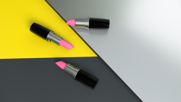 3支口红装在黑色、黄色和银色背景的光滑容器中。副本的空间。时尚的化妆配件在时尚的创意构成。三维渲染图片下载