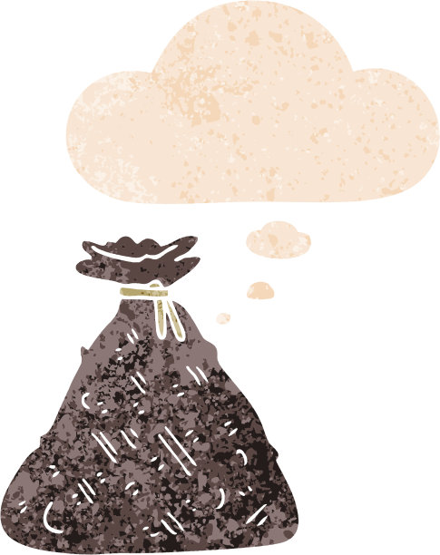 卡通旧麻袋与思想泡在垃圾苦恼复古纹理风格图片下载
