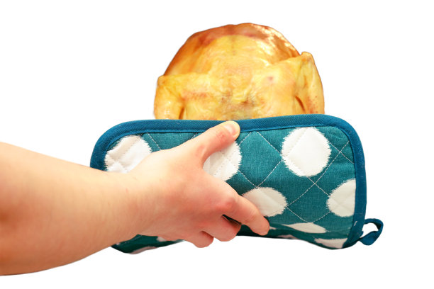 一名妇女用手拿着锅垫把一只鸡从烤箱里拿出来，孤零零地放在白色背景上图片下载