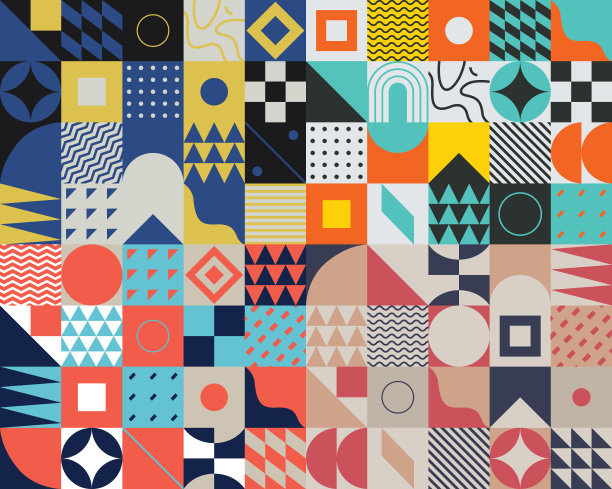 包豪斯几何图案背景，矢量圆，三角形和方形线条色彩艺术设计。彩色包豪斯图案背景图片下载