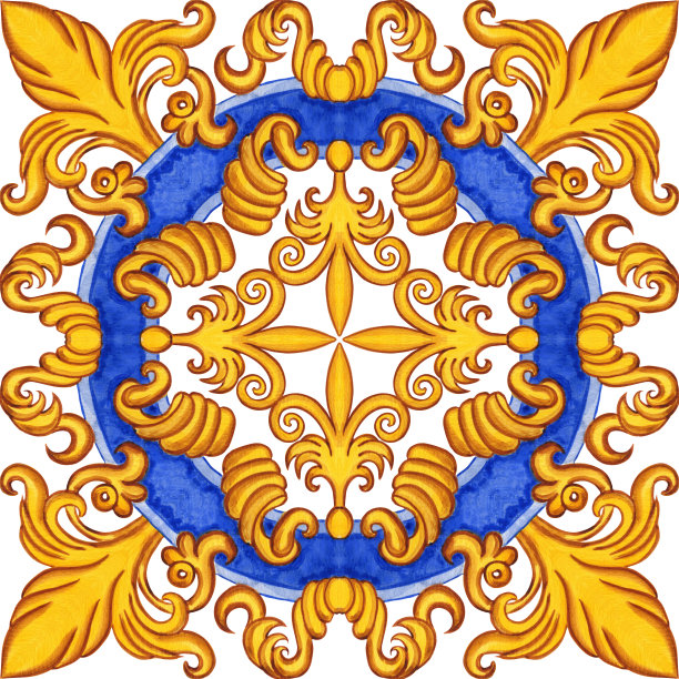 马略里卡水彩无缝图案。西西里手绘装饰。传统的蓝色和黄色瓷砖。葡萄牙传统的azulejo图案。摩洛哥风格。图片下载