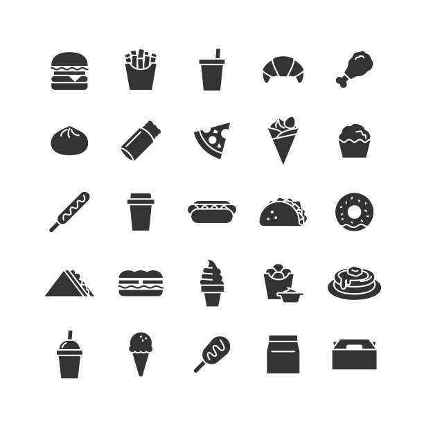 快餐图标套装(黑色)。图片下载