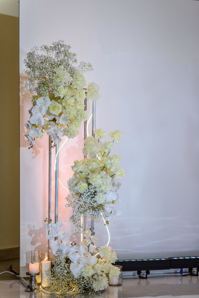 豪华婚宴。副本的空间。庆典洗礼概念。照片墙，拱门处装饰蜡烛和鲜花，绿色植物。宴会区为生日派对设计的时尚装饰。图片下载