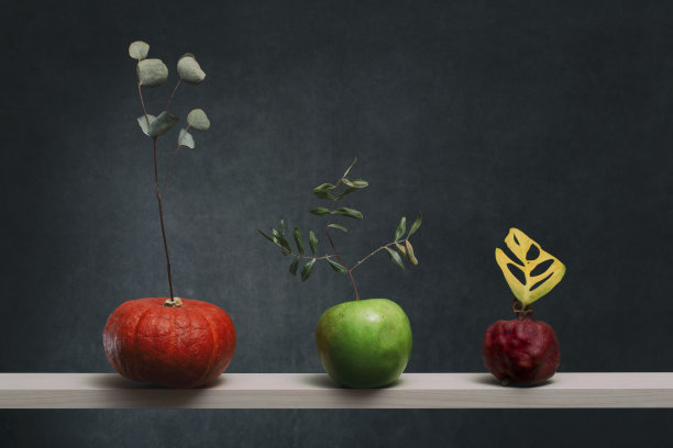 静物与南瓜，苹果和石榴在一个木架子上图片下载