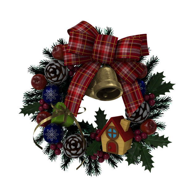 用松树和冬青树枝做成的圣诞花环，用丝带、小玩意和铃铛装饰。孤立的3D渲染。图片下载