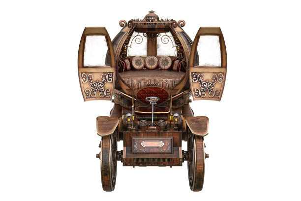 敞开着南瓜形驾驶室门的蒸汽朋克马车。孤立的3D插图。图片下载