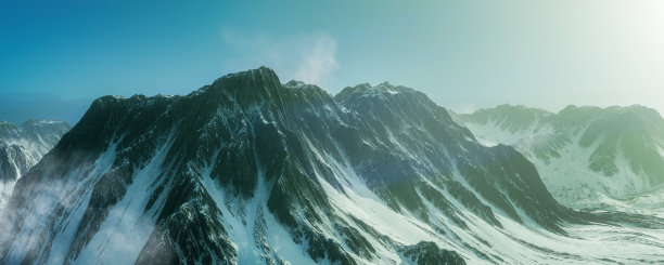 全景的高峰雪山覆盖范围以上的云。3 d渲染。图片下载