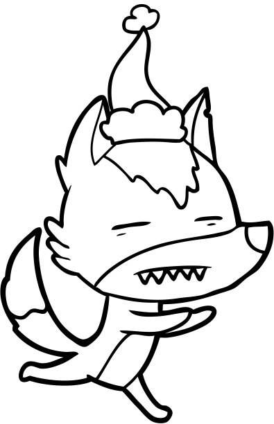 手绘线画狼露出牙齿戴着圣诞老人的帽子图片下载