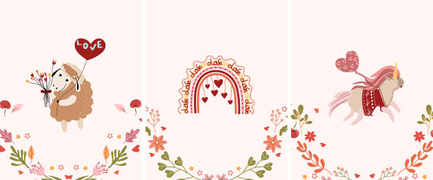 美丽的作品，明亮的花环，一个可爱的独角兽，一只羊拿着气球，彩虹。明亮的插图，贺卡，海报，横幅等图片下载