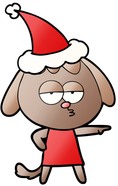 手绘渐变卡通无聊的狗戴着圣诞老人的帽子图片下载