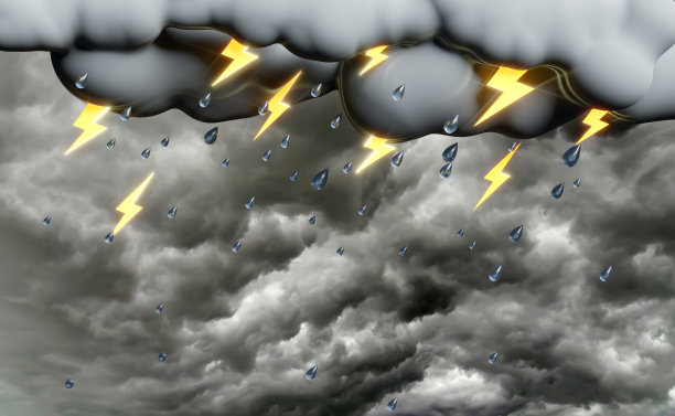 云雨与雷，在雨季的水飞溅隔离在蓝天背景，概念3d插图或3d渲染图片下载