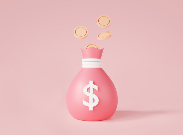 钱袋与美元图标和硬币孤立在粉红色的背景。商业和金融，投资，现金，增长货币。省钱的概念。最小的卡通设计。三维效果图图片下载