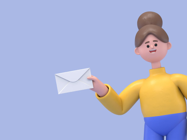 微笑的亚洲妇女安吉拉拿着信封的3D插图，蓝色背景上的3D渲染。图片下载