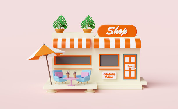 建筑店店咖啡馆与茶几，伞孤立在粉红色的背景。创业特许经营概念，3d插画或3d渲染图片下载