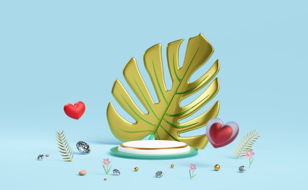 白色讲台空与金色叶子怪物，红色心脏在蓝色组成的现代舞台展示和极简主义的模型，抽象的展示背景，概念3d插图或3d渲染图片下载