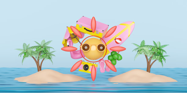 夏季旅行与黄色行李箱，太阳，岛屿，相机，雨伞，充气火鹤，椰子树，凉鞋，冲浪板隔离在蓝天背景，概念3d插图或3d渲染图片下载