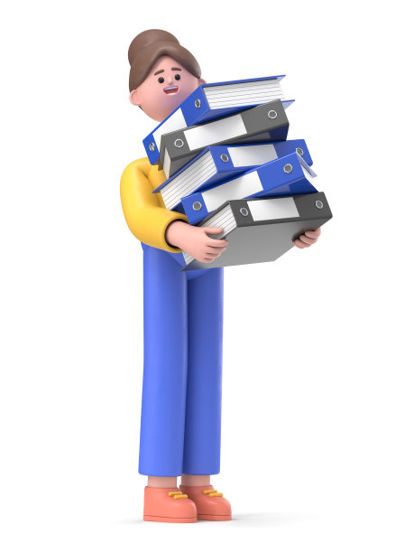 微笑的亚洲女人安吉拉的3D插图与大量的文件，蓝色背景上的3D渲染。图片下载