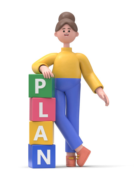 微笑的亚洲妇女安吉拉靠在骰子与字计划的3D插图，蓝色背景上的3D渲染。图片下载