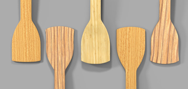 木制烹饪锅铲烹饪食物孤立在灰色背景3d渲染俯视图。逼真的竹制厨具，自然环保的木制厨具，厨具图片下载