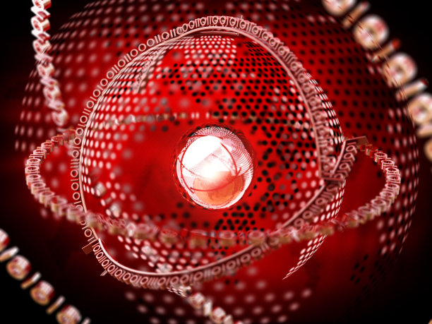 由二进制代码组成的数据圈围绕中心的发光球体运行。抽象数据流可视化。数字生成的3D渲染图片下载