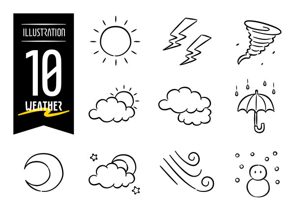 一套10个手绘流行风格的图标插图与天气主题图片下载