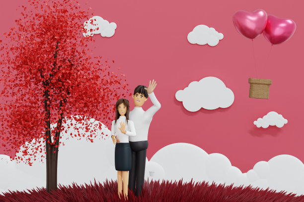 情侣恋气球，情人节庆祝，3D渲染人物。图片下载