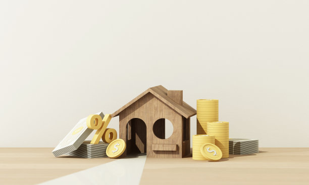 有硬币和现金的概念房子汽车税和金融家庭保险和住房贷款节省购买房地产的钱的想法在木制桌面。3 d渲染。图片下载