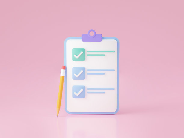 带有检查表和铅笔画勾的白色剪贴板，在天蓝色背景上检查选择标记。计划和组织工作。3d渲染插图。图片下载