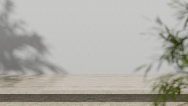 木质货架，模型产品展示产品，白色水泥表面背景，自然光影的叶子，景深，极简风格和复制空间- 3d渲染。图片下载