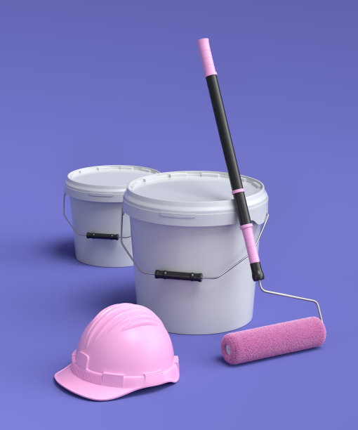 安全帽，桶与油漆辊和刷子在紫色背景图片下载